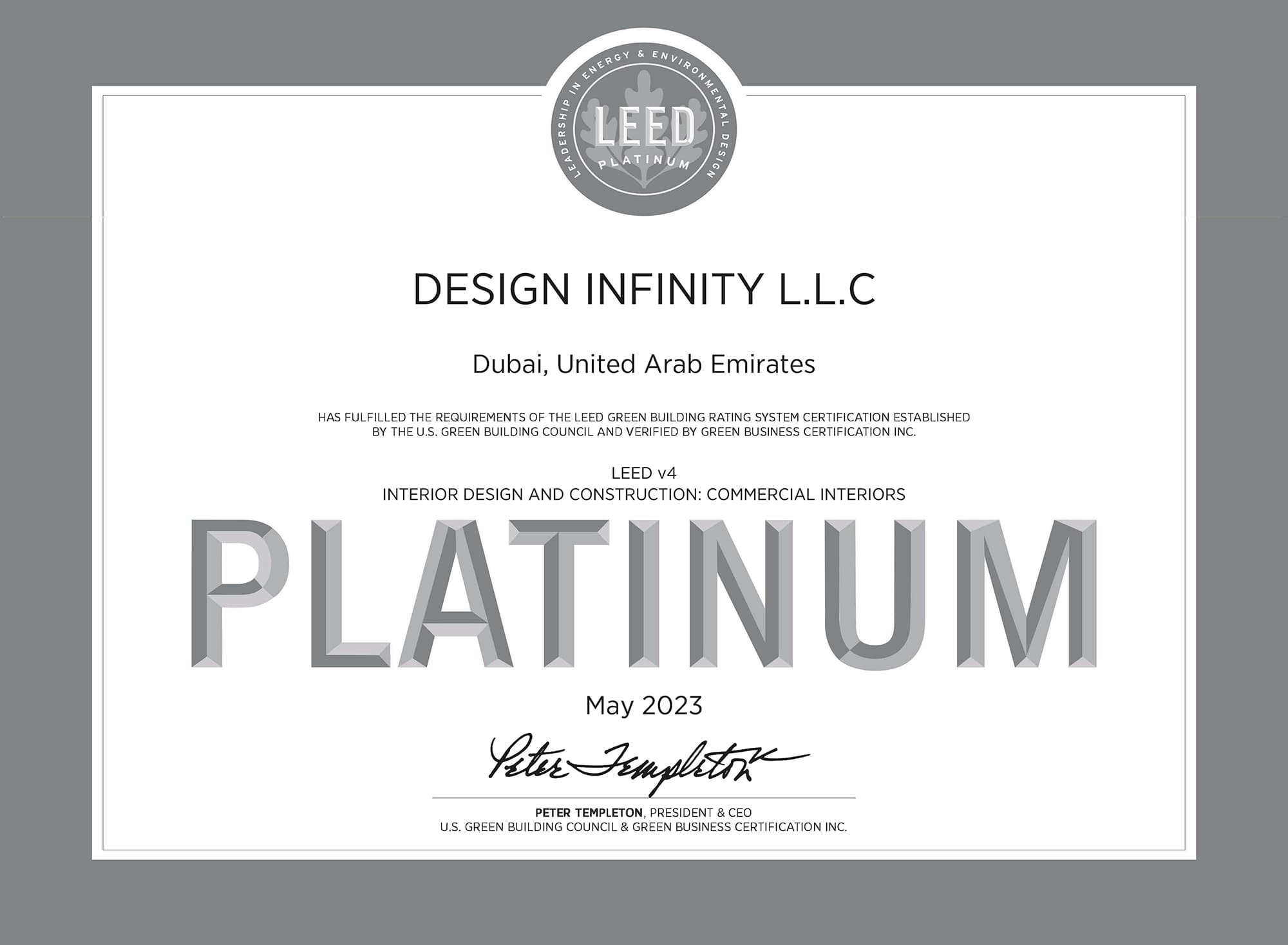 Design Infinity - Platinum-LEED-Certificate